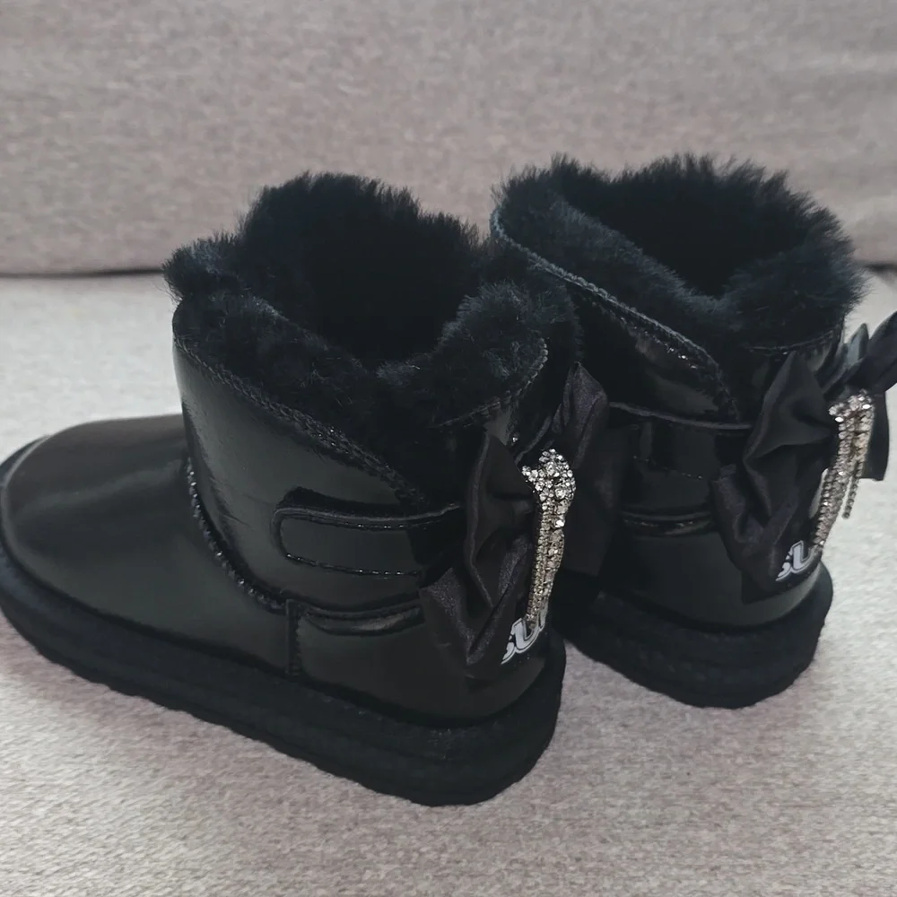 Metallic Black Faux Fur Rhinestone Tassel Bow Boots
